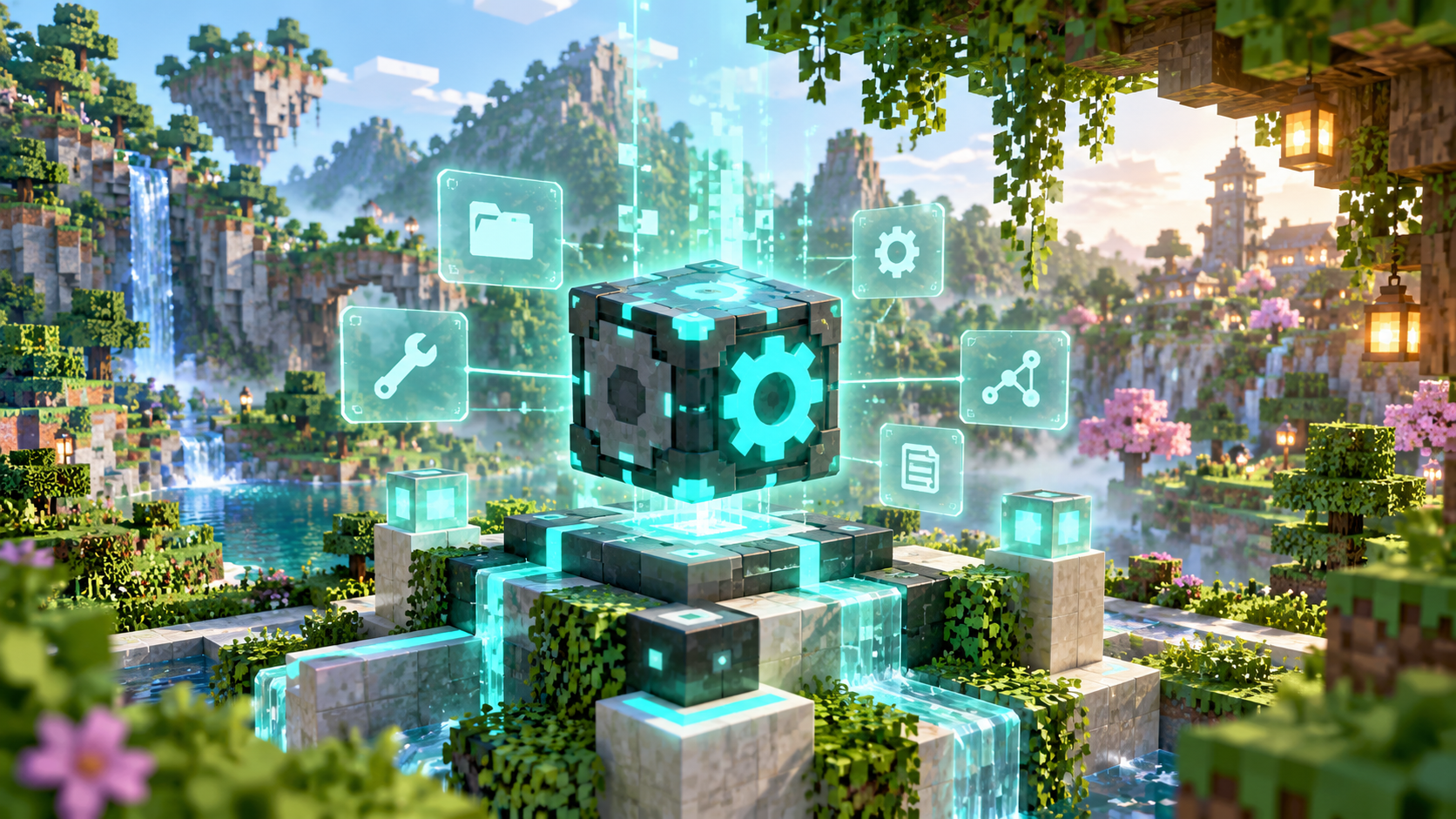 Abstract voxel figures connected to utility nodes
