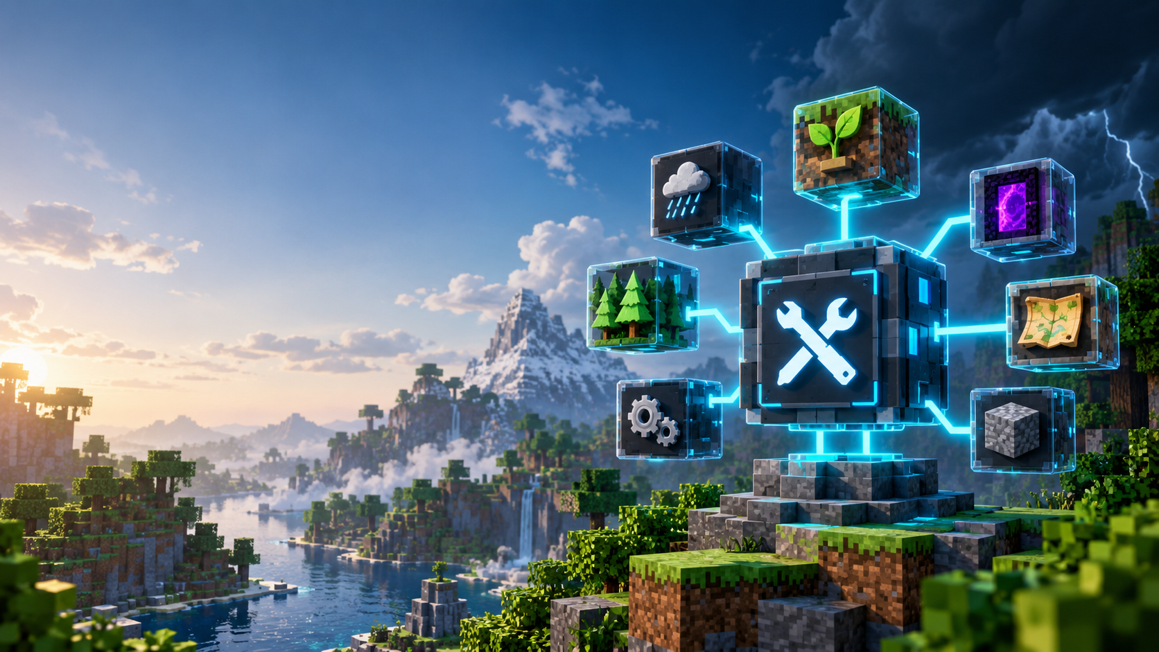 CoroUtil Mod connected utility blocks in a Minecraft-inspired mountain landscape