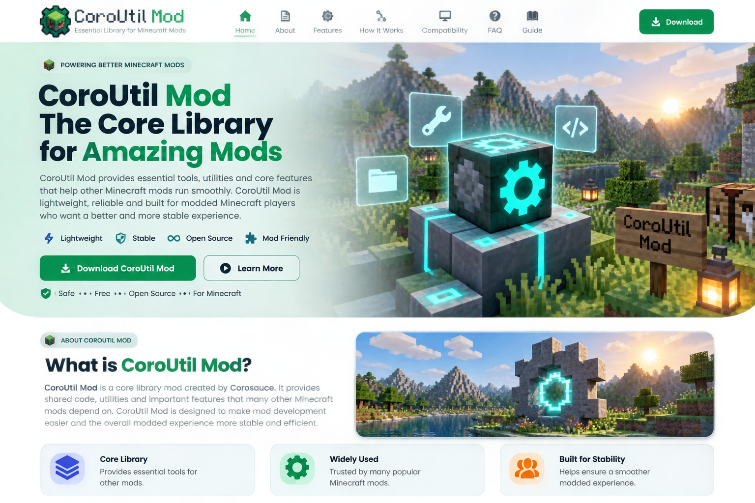 CoroUtil Mod homepage with navigation, download call to action, Minecraft-inspired hero visual, and About CoroUtil Mod section